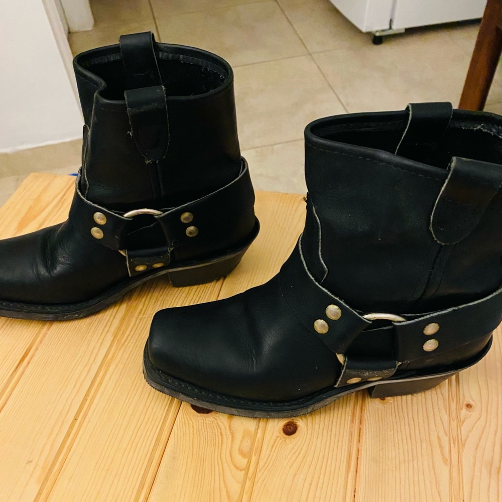 Black Heeled Boots with Harness Detail and Sturdy Sole
